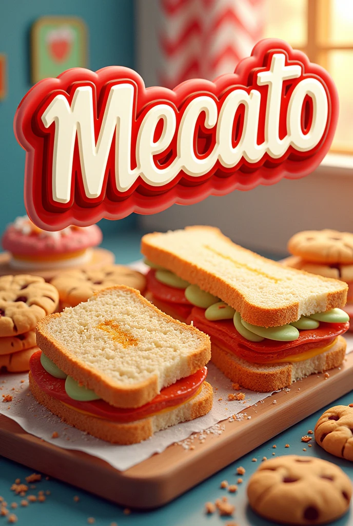 A poster to sell snacks ( sandwich, cookies, Snatch) With name Mecato