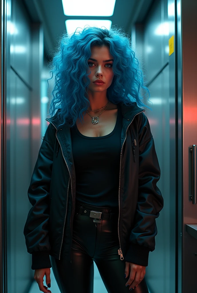 wide view, beautiful blue haired brazilian Woman, medium wavy curly hair, beautiful gorgeous body, white skin, wearing a tactical cyberpunk black jacket with big neckline, black t-shirt and a black cyberpunk pants, on a military futuristic elevator, in a military base, in cyberpunk style, super detailed photography, Play of light in the sun, luminism, intricate, 4k concept art volumetric light, unrealistic engine, global illumination, detailed environment, cyberpunk