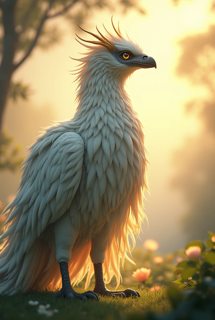 Create an image of a mythological creature that has these characteristics:
- that has feathers - that has a long, hairy tail - that is big - that transmits calm and tranquility