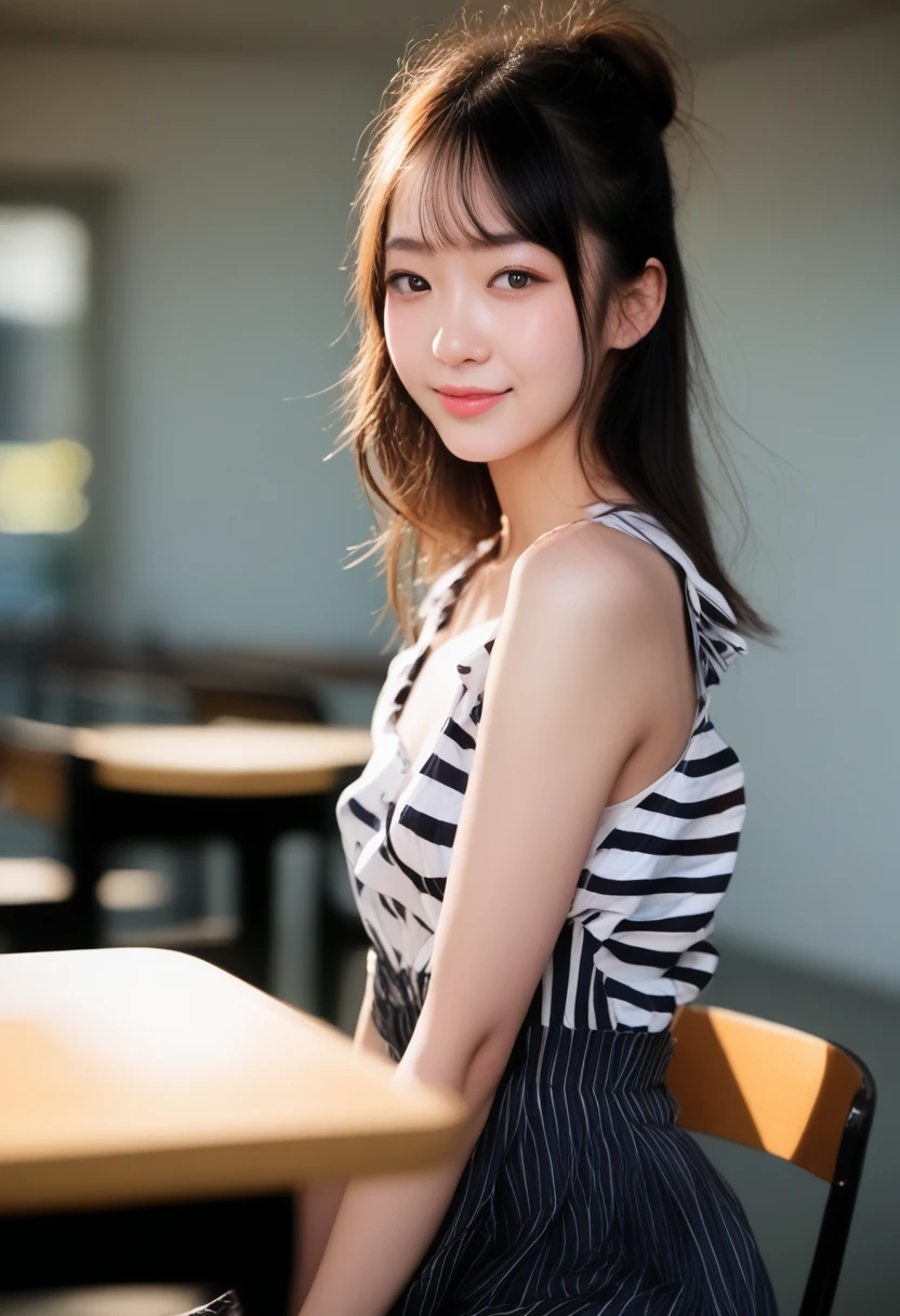 score_9, score_8_up, score_7_up, BREAK rating_explicit,(photo-realistic:1.2),(professional photo), realistic photo,subsurface scattering, volumetric lighting, light from the front, BREAK 1 female,22years old,kawaii,((Japanese)),Japanese idol face, BREAK black updo hair with side bangs,realistic skin texture,solo,kawaii, perfect body, BREAK (wearing striped no-sleeve onepiece dress,sexy lace panty,sandals),(pale skin),(slender body:1.2),(small breasts),large hip, (blushing),day,bluesky,cafe,(sitting on chair),(hot coffee & １ cake on the table),from head to knee shot,visible shadow of erect nipples,smile,(I can see her panty:1.3),(downblouse),(I can see her nipple:1.4),