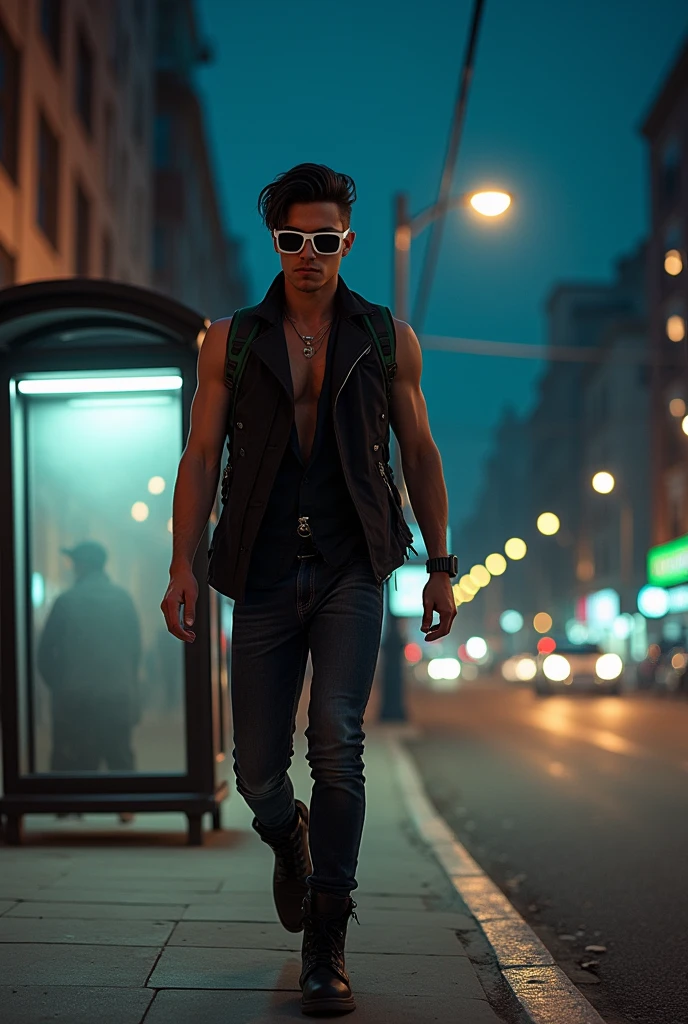 young white western man , black short hair, white sunglasses, black rock'n roll style clothes, combat boots, black vest, backpack on back, walking along a street at night, bus stop Behind him, light pole shining on top of it, city night background with bus stop, Behind him, Full-body image