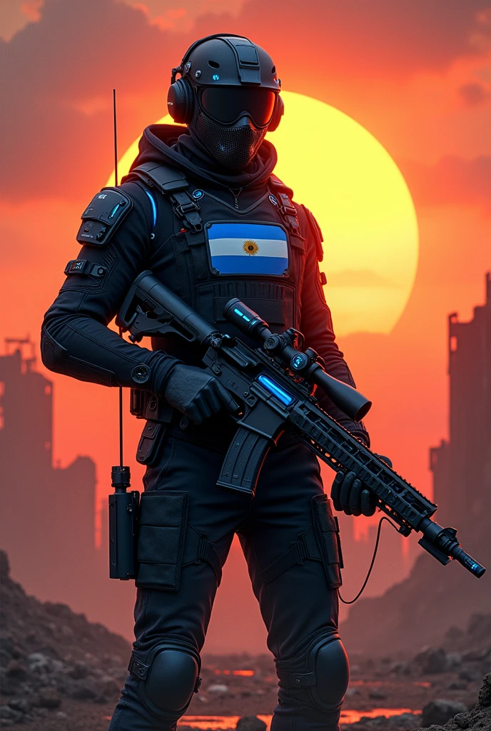 Create a full-body digital illustration of a futuristic sniper warrior in a post-apocalyptic setting. The character, a male figure, stands prominently in the foreground, dressed in a sleek black tactical suit adorned with the Argentine flag insignia on the chest. The suit features advanced technological elements, glowing circuitry, and armored plates. A high-tech mask covers the lower half of his face, while his eyes remain visible, radiating determination and intensity. He wears a tactical helmet equipped with a headset and microphone, suggesting advanced communication capabilities. In his hands, he wields an Accuracy International AW sniper rifle, customized with futuristic modifications. The 7.62x51 weapon boasts intricate blue neon detailing and holographic sights. The background depicts a dramatic, glowing sunset, casting warm hues across a desolate landscape. Ruined structures and scattered debris hint at the post-apocalyptic world. Emphasize the contrast between the high-tech warrior and the ravaged environment. Use lighting to create a sense of drama and mystery, with the warrior's silhouette cutting a striking figure against the vibrant sky. Incorporate subtle details like dust particles and heat distortion to enhance the atmosphere. Balance the composition to highlight both the character's imposing presence and the vast, haunting backdrop, conveying a sense of isolation and resilience in this high-tech wasteland.