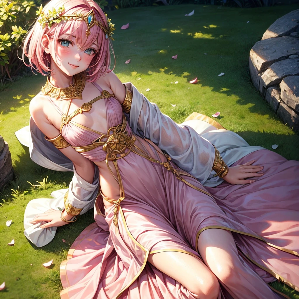 1boy, feminine, girlish face, short hair, pink hair, green eyes, olive skin, full lips, fuller lips, tall, divine, seductive, confident, benevolent, cute, pink, white, deviant, ancient greek clothes, gold circlet, solo, flat chest, resting in a golden field, seductive smile, seductive eyes, Blush, Nose Blush, Makeup, Smirk