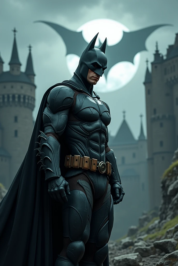 "Batman in a dark fantasy setting, with a dark and gothic atmosphere. The hero is in a medieval environment, with ruined castles and a desolate landscape. He wears detailed black armor, with fantasy elements such as torn capes and adornments of metal. The sky is cloudy, with rays of light filtering through the clouds. The bat-signal is a ghostly image in the sky.