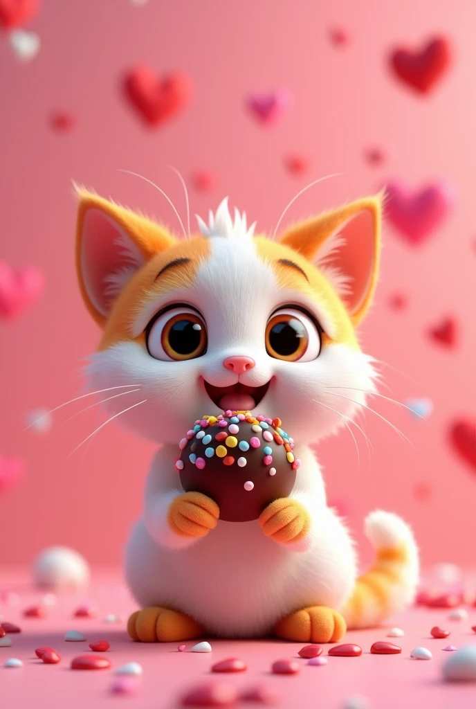 A white and orange 3D animated cat on a pink background full of hearts holding a brigadeiro with colorful sprinkles. 