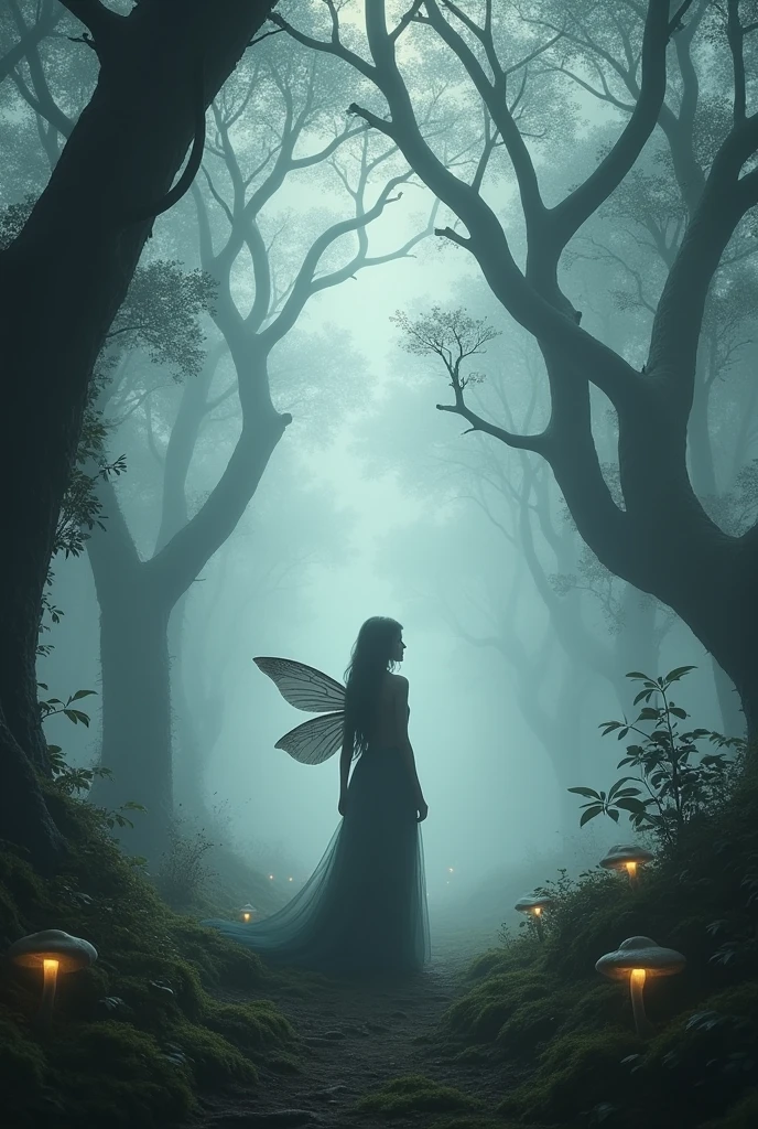grey forest image for fairy tale story and fairy turning her back in the forest