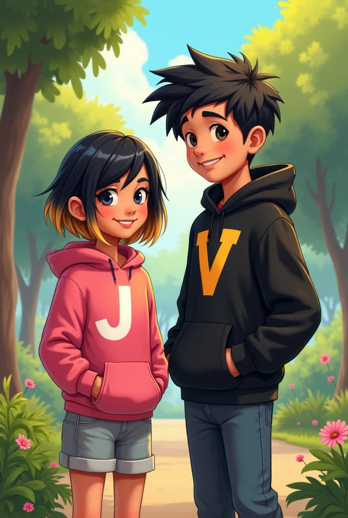 Short, black-haired, blonde girl, with a pink sweatshirt with the letter J next to a tall, dark-haired boy,with a black sweatshirt with the letter V in a park in San Cristóbal de las Casas, Chiapas 