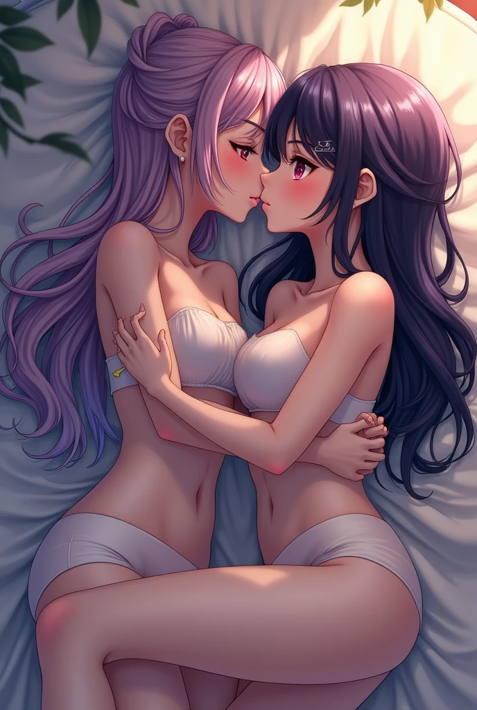 Skinny rainbow haired girl with white skin and pink eyes kissing another girl with purple hair with black highlights, purples eyes, thin and white in a room lying on the bed.