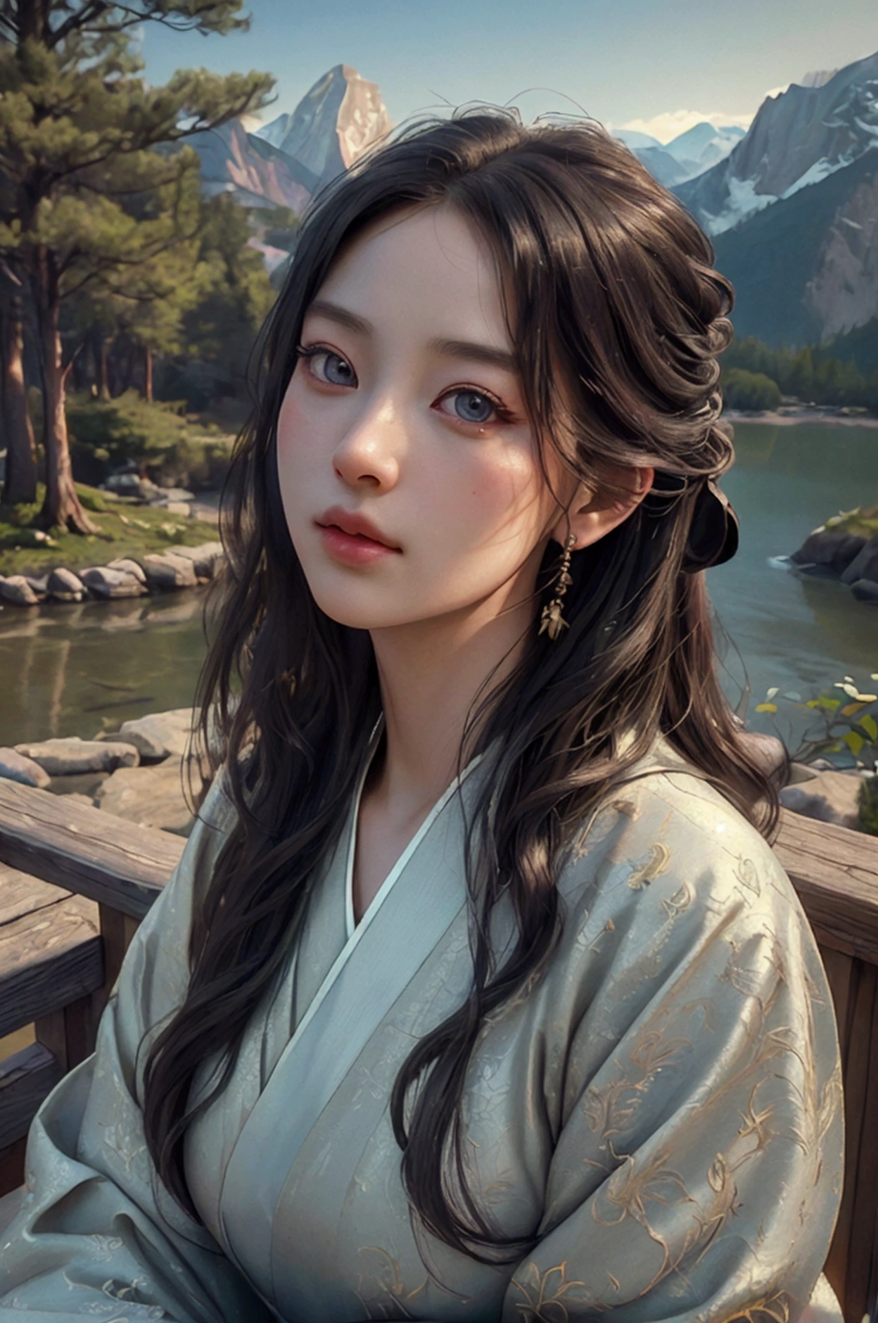 a detailed illustration of a young female cultivator of the Mount Hua Sect, beautiful detailed eyes, beautiful detailed lips, extremely detailed face and features, long eyelashes, elegant traditional hanfu robes, delicate and graceful posture, serene expression, natural landscape background with mountains and trees, warm lighting, detailed texture and brushwork, vibrant colors, cinematic composition, (best quality,4k,8k,highres,masterpiece:1.2),ultra-detailed,(realistic,photorealistic,photo-realistic:1.37),highly detailed portrait,intricate details,dramatic lighting,cinematic composition,exquisite artistry
