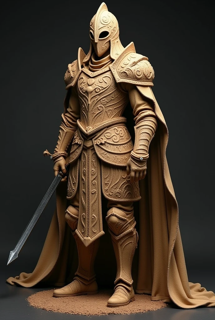 A complete suit of armor made entirely out of cookies. The armor is a medieval style of dark souls king elegant and is made up of cookies and the helmet cover all the head and have a mask to protect his face and the helmet is made up cookies too. armor with high movility with a long sword medieval made up of cookies too. slim with clothes made up of cookies too