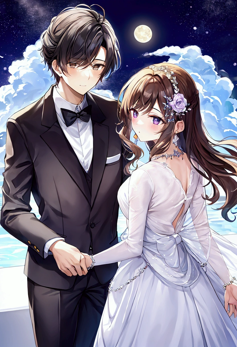 A beautiful moon in the background,a thousand stars at his side,below a young couple