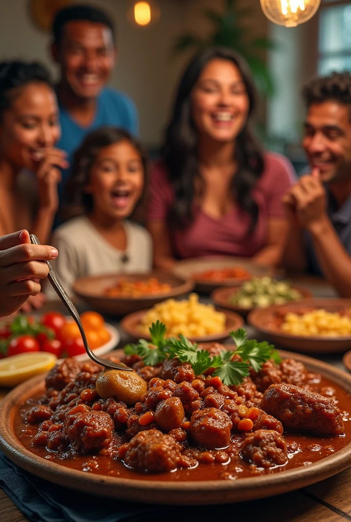 A group of people eating feijoada and on the feijoada packaging it has to be written " Ray&#39;s feijoada "