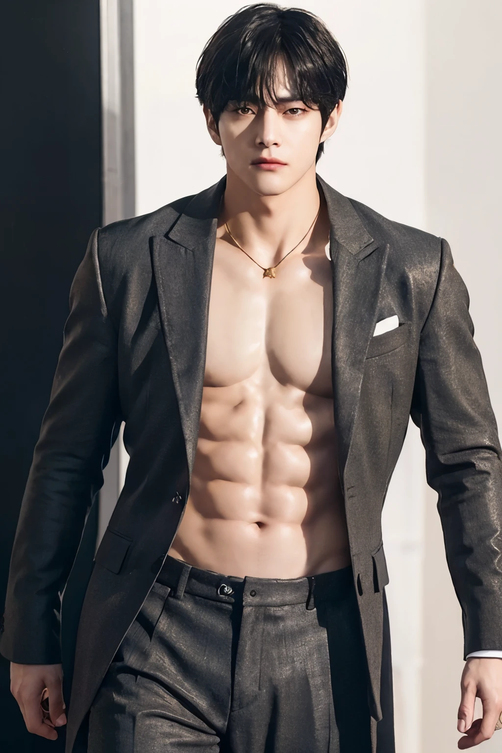 a kim taehyung cosplaying the character ghost from a call of duty video game, god aura, muscular man, shirtless, wears tactical gear, black hair, handsome man, realistic man, high definition, black background with golden aura, Close up photos, kim taehyung bts, beautiful and fit body, god aura shining behind him