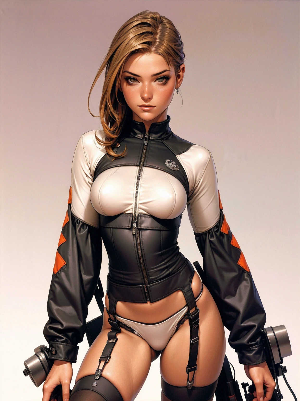 A 20-year-old female biker nearly naked in Simon Bisley style for the cover of Heavy Metal magazine, straight blonde hair with straight bangs over the forehead, Minimal clothing, short clothing, (((Biker suit))), perfect body with slim waist and model body measurements, (((Gisele Bundchen))), (((wide garter belt and stockings 3/4))), corset with large black and white checkered pattern like a finish flag in races