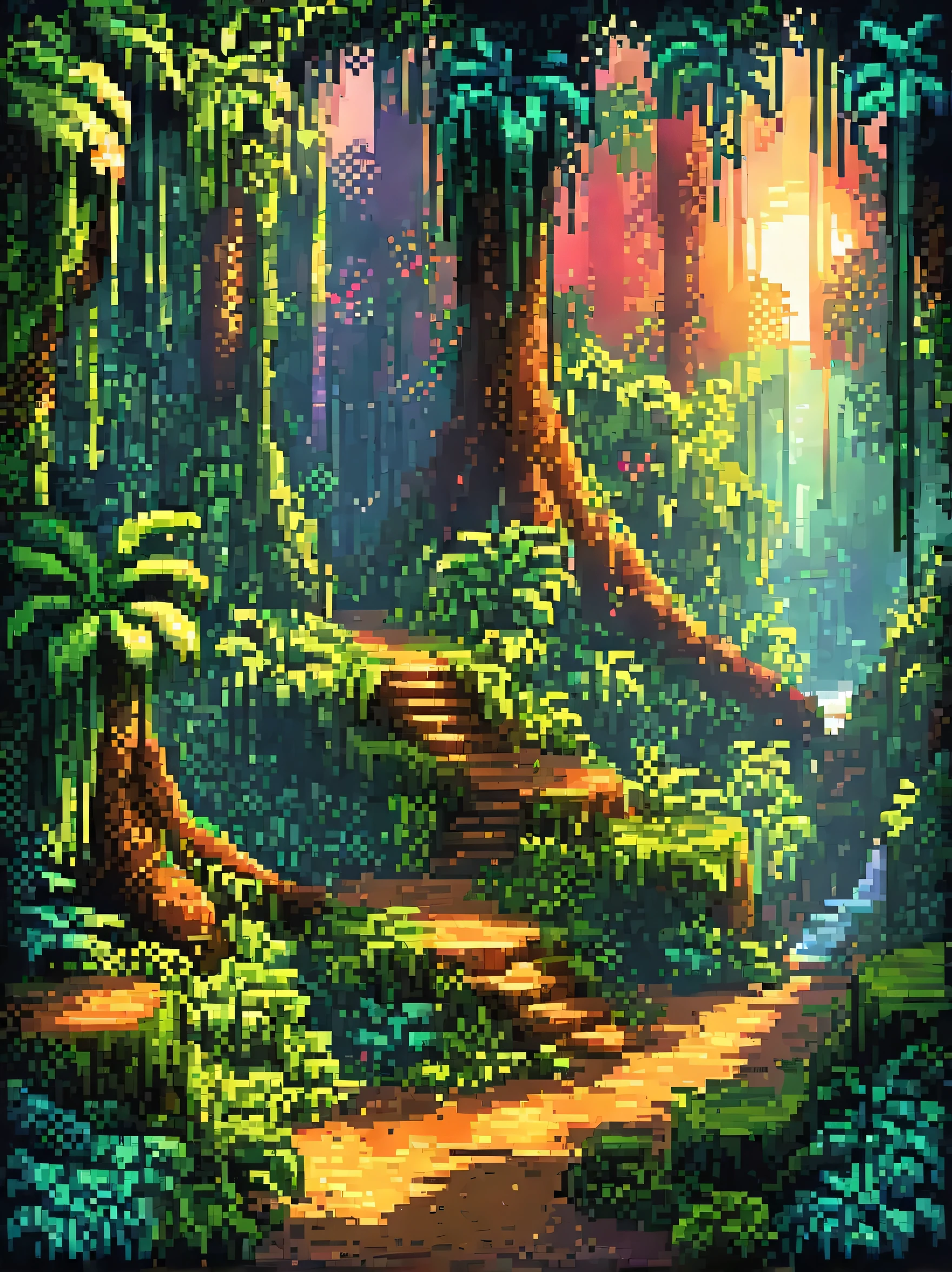 retro vintage game, videogame, tropical rainforest, 8-bit pixelated classic, sunset, Thu, detailed pixel art, detailed environmental elements, highly detailed pixel city design, beautiful vivid colors, Immersive atmosphere, small details, nostalgia, (best quality, swirly vibrant colors, 8k, high resolution, Artwork:1.2),ultra details,(realisitic,photorealisitic,photo-realisitic:1.4),studio lighting,extremely detailed pixel art,extremly detailed face and eyes,extremely detailed pixel textures,incredibly intricate pixel-level detail,striking colors,swirly vibrant colors,lush pixel environment