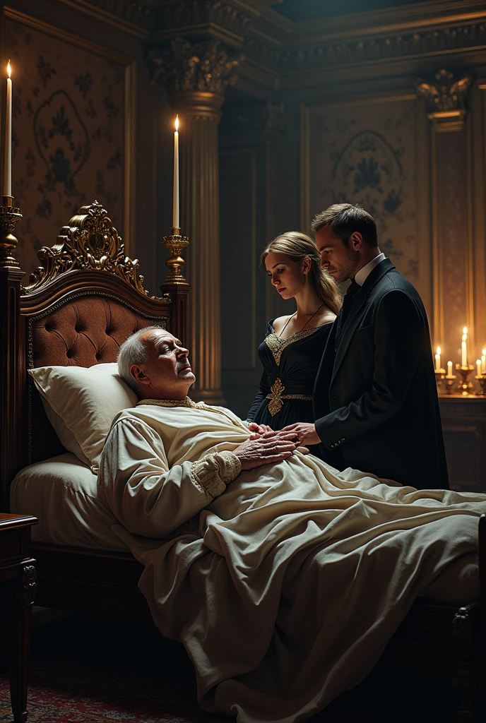 In the shadows of a large palace room, the environment is surrounded by an aura of melancholy and concern. Soft light from candles and lanterns creates a play of shadows on the richly tapestry walls and polished wood furniture.. The king's bed, a magnificent piece with canopy, is surrounded by velvet and brocade fabrics, reflecting the luxury of healthier times.
the king, looking haggard and pale, rests in bed with eyes closed, your breathing is weak and irregular. Your figure, once imposing and full of authority, now looks vulnerable and tiny. He is covered in heavy blankets, which contrast with the fragile appearance of his weakened body.
Beside the bed, the queen sits on a low chair, your posture is one of pain and sadness, with his head slightly bowed as he tenderly holds the king's hand. Your mourning dress, a combination of black and silver, adds a touch of solemnity to the environment. Their eyes, flooded with tears, do not stray from the husband, as if wanting to absorb every remaining moment by your side.
Behind the queen, The Prince, who is still young, observes the scene with an expression of uncertainty and fear. He is standing, dressed in formal attire, but his face is a mixture of sadness and growing responsibility. Your shoulders are tense, as if trying to bear the weight of not only the present situation, but also of the burden of the future that is about to be assumed.
the king, with visible effort, abre os olhos e encara The Prince com um olhar cheio de significado. Your lips move slowly, and your voice, although weak, carries an inherent authority. He makes a subtle gesture, uma espécie de convocação para que The Prince se aproxime. The prince steps forward, the insecurity in his gaze mixes with the determination to accept the weight of the unspoken words.