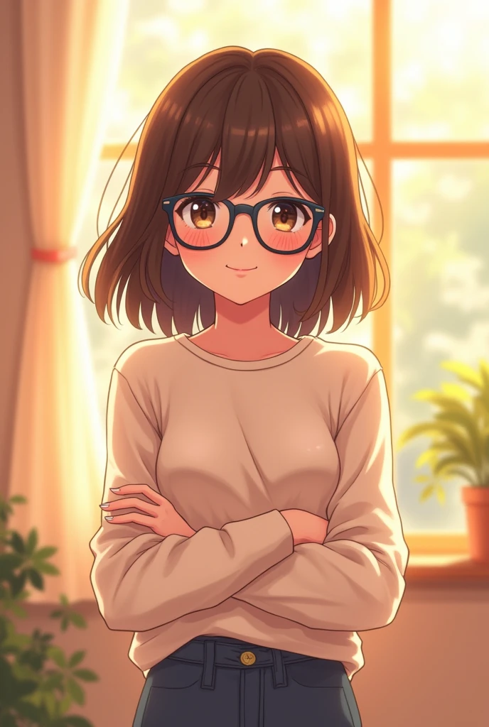 A 32-year-old mother,  who wears black glasses, young appearance, medium short brown hair not so dark and cut in layers. Very kind and affectionate, in anime version.o Fanart
