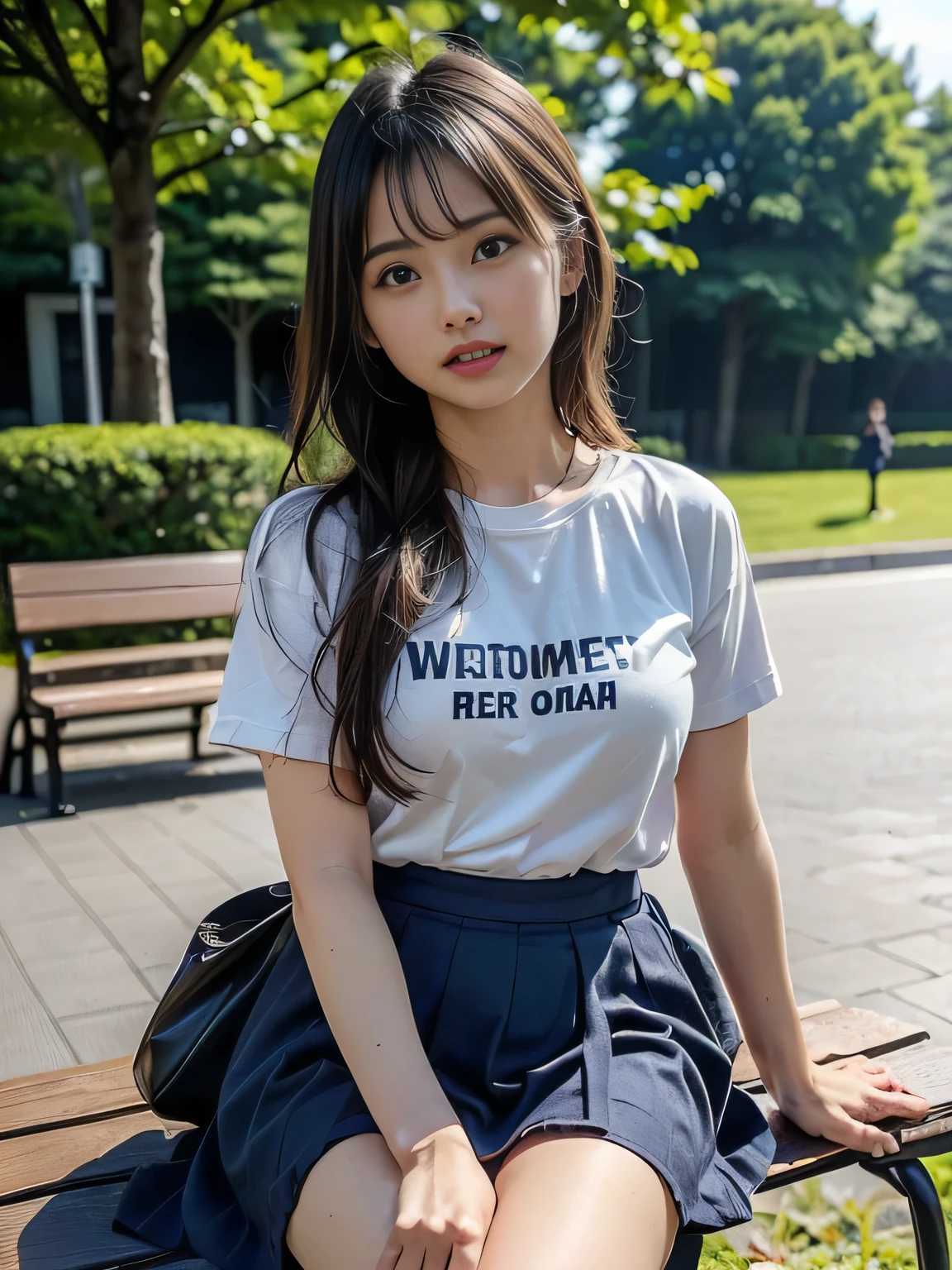 (high quality), (Realistic photos)、1male、1woman、((No audience:1.5))、((Outdoor:1.5))、((Park bench:1.ung Japanese couple arguing face to face:1.4))、((Angry Japanese woman and a Japanese male trying to talk to her:1.4)) 、((White short sleeveTWoman wearing a shirt:1.4))、((whiteTMan in a shirt:1.4))、((A woman glares at a man:1.7))、((A woman wearing a denim skirt that accentuates her thighs:1.4))、((White short sleeveTWoman wearing a shirt:1.4))、((Woman with a scary expression:1.4))、