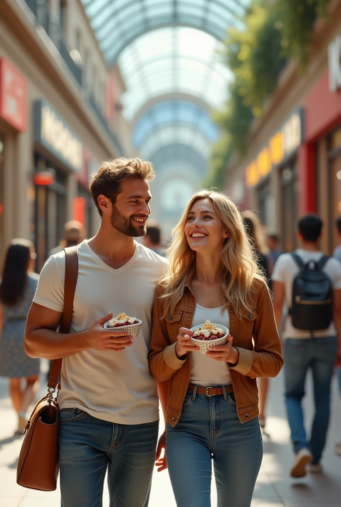 Realistic man and wife 25-35 years old, At the mall, blonde hair eating açaí , with friends Ultra HD, high qualiy, best qualityer, high resolution, 8k, 16K