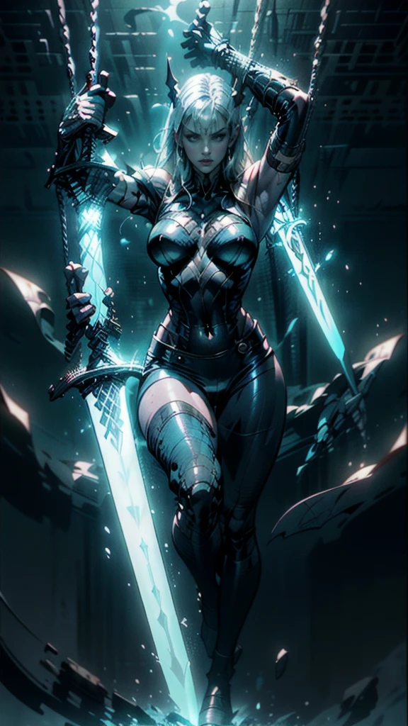 (full body portrait), Magik of X-men, Illyana Rasputin with long white hair, piercing blue eyes, wearing a low cut unitard with high cut legs, tight thigh high boots, holding a glowing magical sword, jumping with sword raised back behind head, (huge overhead swing of sword:1.27), floating in a mystical realm with swirling energy, (best quality,8k,highres,masterpiece:1.2),ultra-detailed,realistic,photorealistic,photo-realistic:1.37,concept art,dark fantasy,digital painting,dramatic lighting,cinematic,intricate details,ethereal,otherworldly atmosphere