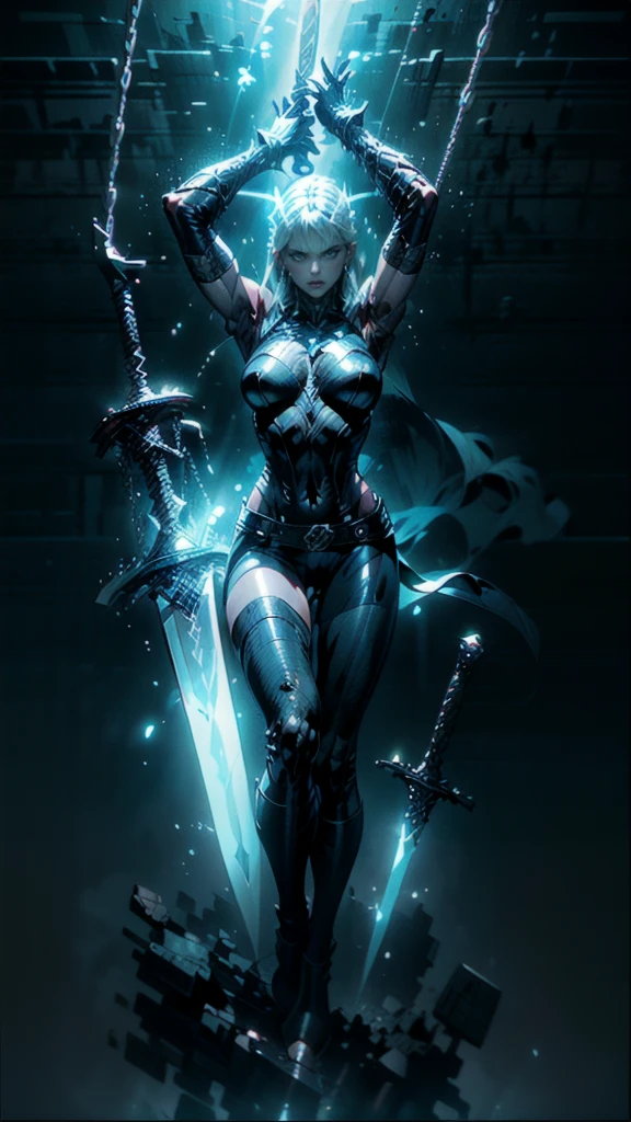 (full body portrait), Magik of X-men, Illyana Rasputin with long white hair, piercing blue eyes, wearing a low cut unitard with high cut legs, tight thigh high boots, holding a glowing magical sword, jumping with sword raised back behind head, (huge overhead swing of sword:1.27), floating in a mystical realm with swirling energy, (best quality,8k,highres,masterpiece:1.2),ultra-detailed,realistic,photorealistic,photo-realistic:1.37,concept art,dark fantasy,digital painting,dramatic lighting,cinematic,intricate details,ethereal,otherworldly atmosphere