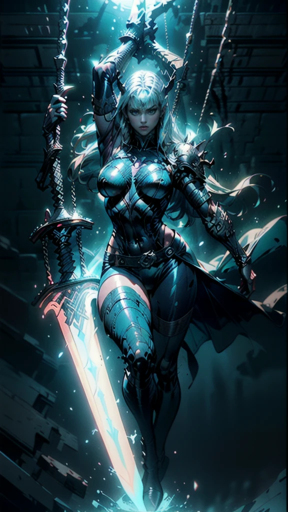 (full body portrait), Magik of X-men, Illyana Rasputin with long white hair, piercing blue eyes, wearing a low cut unitard with high cut legs, tight thigh high boots, holding a glowing magical sword, jumping with sword raised back behind head, (huge overhead swing of sword:1.27), floating in a mystical realm with swirling energy, (best quality,8k,highres,masterpiece:1.2),ultra-detailed,realistic,photorealistic,photo-realistic:1.37,concept art,dark fantasy,digital painting,dramatic lighting,cinematic,intricate details,ethereal,otherworldly atmosphere