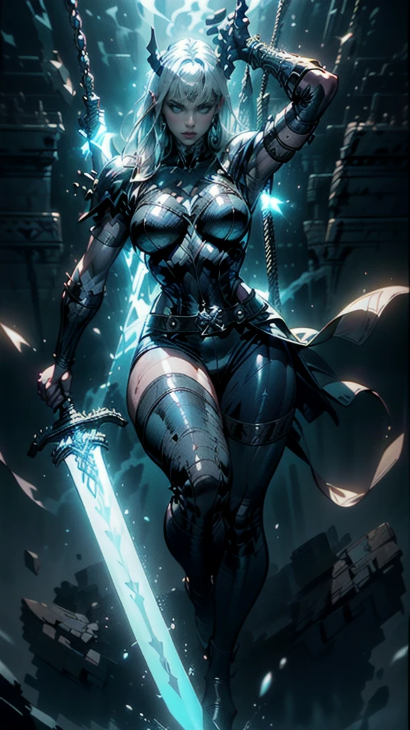 (full body portrait), Magik of X-men, Illyana Rasputin with long white hair, piercing blue eyes, wearing a low cut unitard with high cut legs, tight thigh high boots, holding a glowing magical sword, jumping with sword raised back behind head, (huge overhead swing of sword:1.27), floating in a mystical realm with swirling energy, (best quality,8k,highres,masterpiece:1.2),ultra-detailed,realistic,photorealistic,photo-realistic:1.37,concept art,dark fantasy,digital painting,dramatic lighting,cinematic,intricate details,ethereal,otherworldly atmosphere