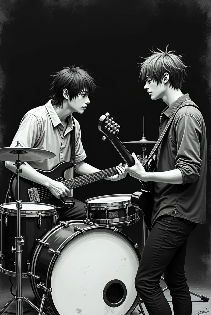 a black and white digital drawing with unique lines dark realistic anime of two friends, one playing drums and the other playing guitar