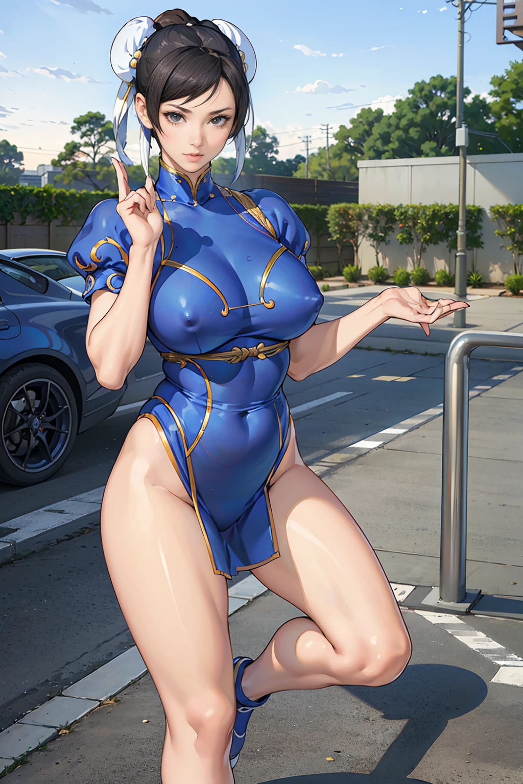 ((A woman modeled after the character Chun-Li)), , Medium Hips, Bright Eyes, Very flashy,Huge breasts, Puffy nipples, tight, ((ultra Realist)), TM Ninja White, icon, cores Vibrants, Vector Style, Digital Art, 4K, Intricate details, charm, Professionally done, Beautiful vector illustration, 12k resolution, ..3d, Detailed description of all characters, ((Very detailed)), ((Vibrant)),((super high quality)), ((Hyperrealism)), ((Photorealism)), [Octane Rendering] , In the city, Lots of cars (Realist), Very detailed, 