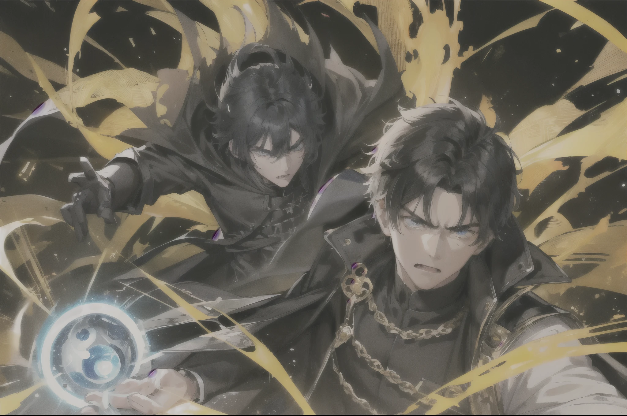 Masterpiece, High quality, Portrait, anime style, man,17 year old boy, angry face, Severe attack, อ้าปากจากAnger, Anger, glowing eyes, ผู้manอนิเมะตัวสูงที่มีตาสีฟ้า, black short hair, ((blue eyes)),Quiff Hairstyles, ((short black hair)), [Thick eyebrows], Palm Power,Chinese martial arts , ((black long coat)), ((all black)),Silver veil edge, (blue eyes) , handsome , Facial expressions, black knight armor , black fur shawl(Masterpiece,best quality,special, (Broad shoulders)) (muscle), Set up an attack, attack, There is an injury. , The background is a battlefield. , black light, Yellow flame,พระพุทธรูปยักษ์gold colorอยู่เบื้องหลัง((backdrop)), Eighteen Conquering Dragon Palms, Palm attack ,The Great Buddha　1 piece　gold color