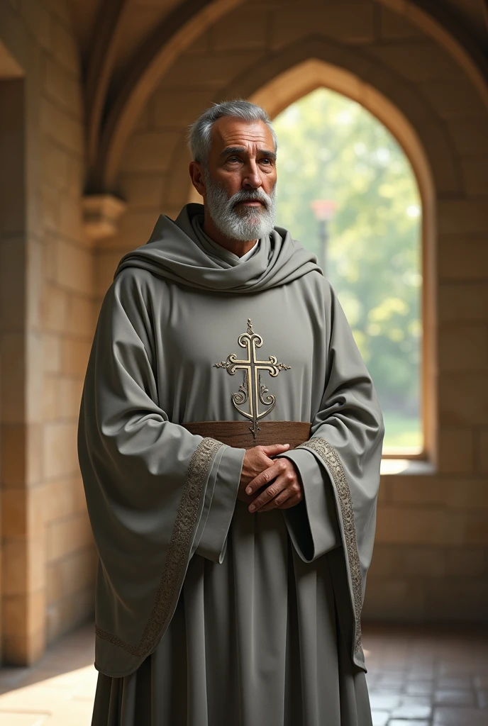 Create a monk of the roman Catholic Church, in a "light" gray robe attire. #Medieval *More Please* #withoutcross