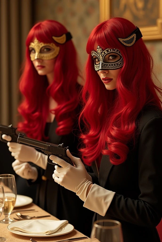 2 women wearing long red hair wigs with masks and wearing white leather gloves who hold up a restaurant to collect people&#39;s jewelry with guns 