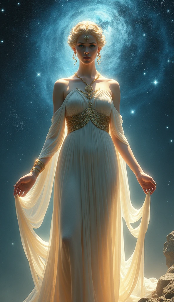 Very beautiful goddess of the Andromeda galaxy, Dress in the style of ancient Greece, whole body