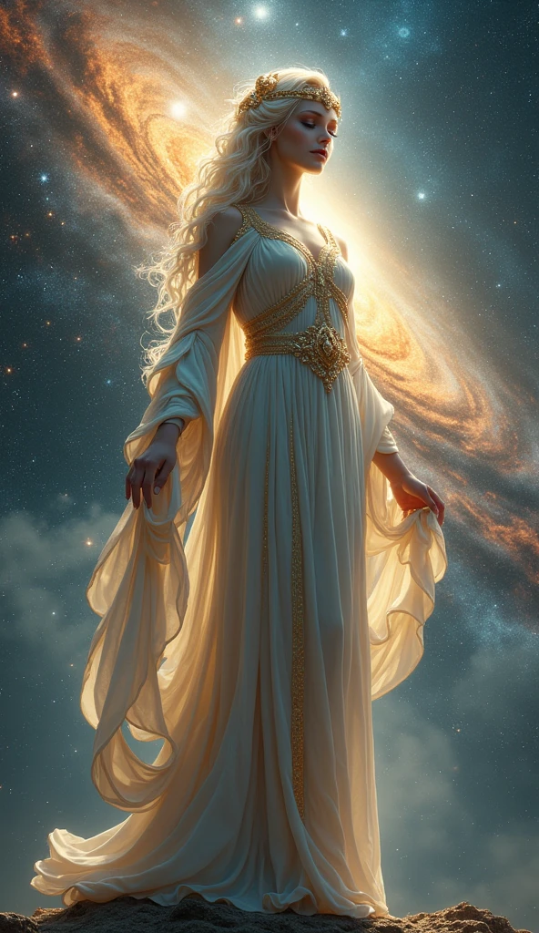 Very beautiful goddess of the Andromeda galaxy, Dress in the style of ancient Greece, whole body