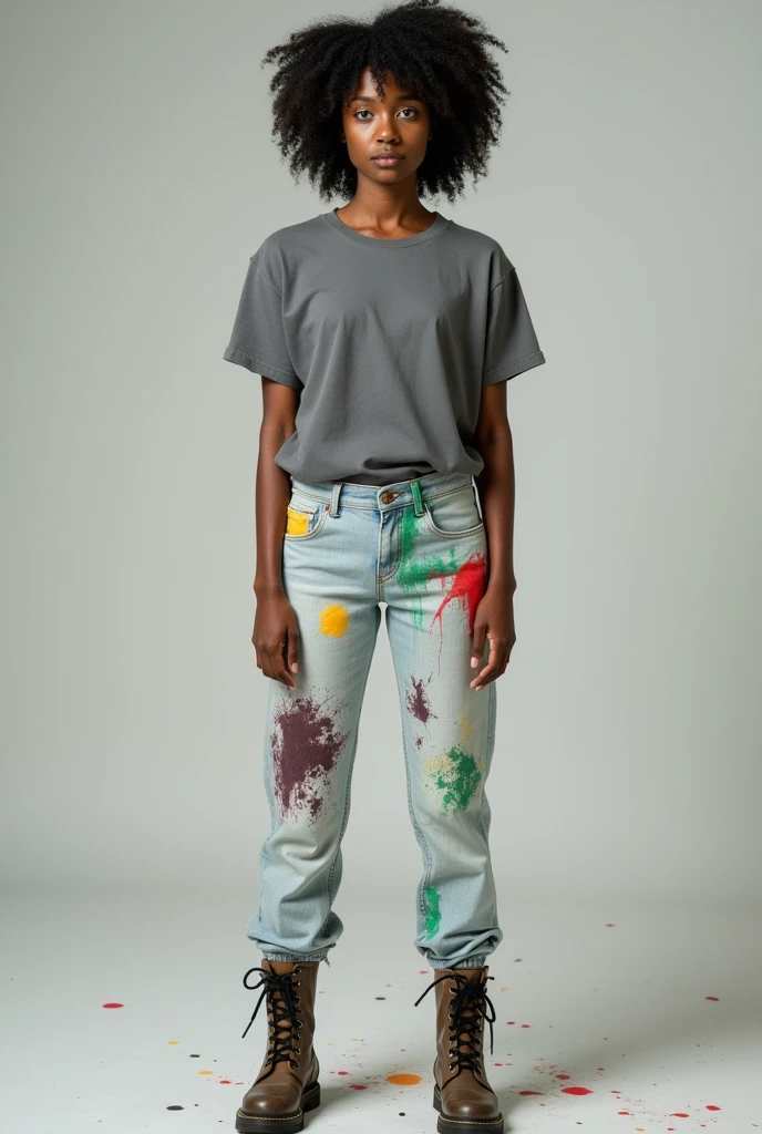 A brunette woman, almost black, with curly hair with some frizz, blue-gray eyes, penetrating. Wearing light-colored jeans with paint marks all over them, the primary colors, and a loose gray t-shirt and an engineering boot, fully body