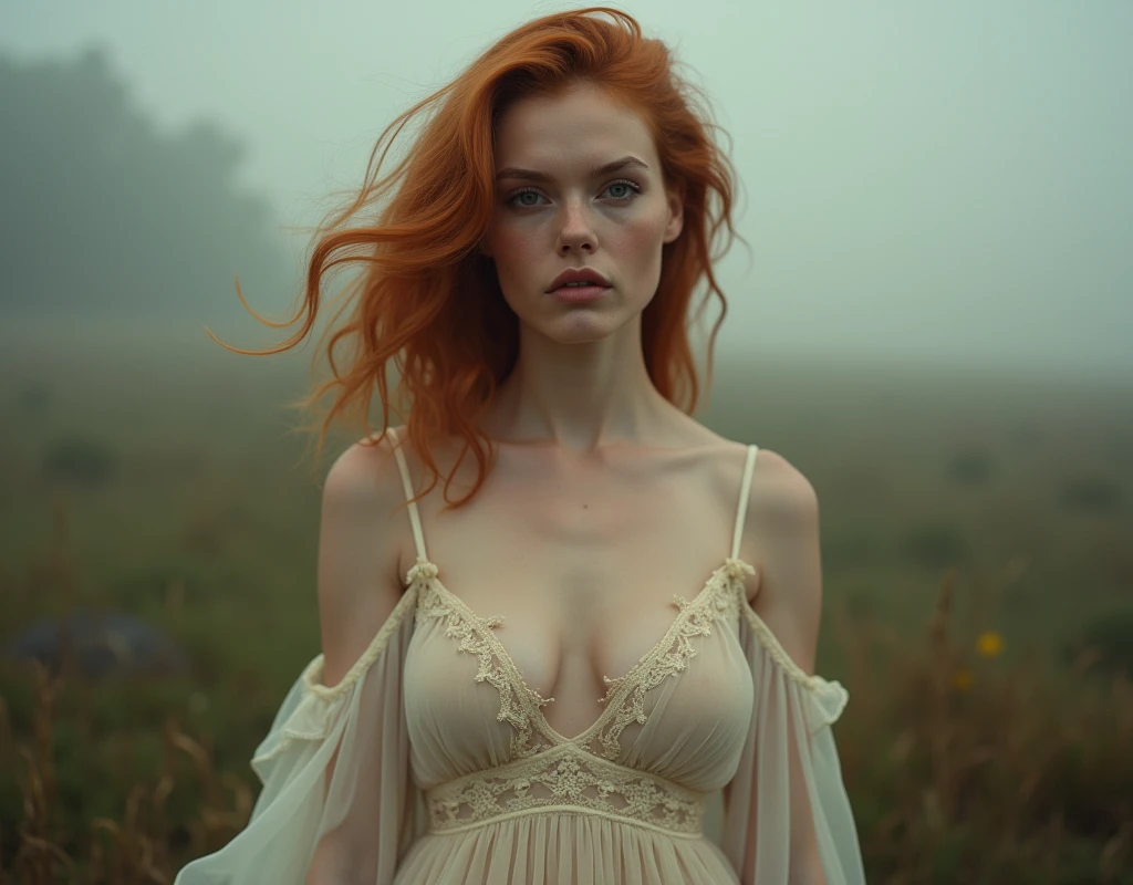 girl, age 25, Light red hair, breast outline showing through the sheerness of the dress, nakeness, close, waist framing. She looks at a point beyond the viewer. Provence. haze. 超detailded.  Provence. Foggy . High grain film. retro photography, David Hamilton Style. Analog photography. grainy. nymph.