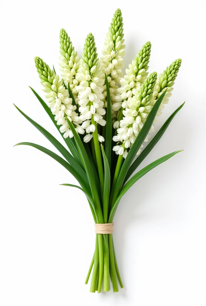 Please create an image of the Liriope muscari plant packaged for marketing. It has an attractive appearance with elongated and narrow leaves that measure between 50 and 60 cm in length, bright green, with white stripes and healthy. The stems are quite thin and erect, with fine leaves, grouped in clusters and secured with elastic bands. Overall, the presentation is orderly and vibrant, ideal for attracting buyers interested in ornamental plants. On white background show a bouquet