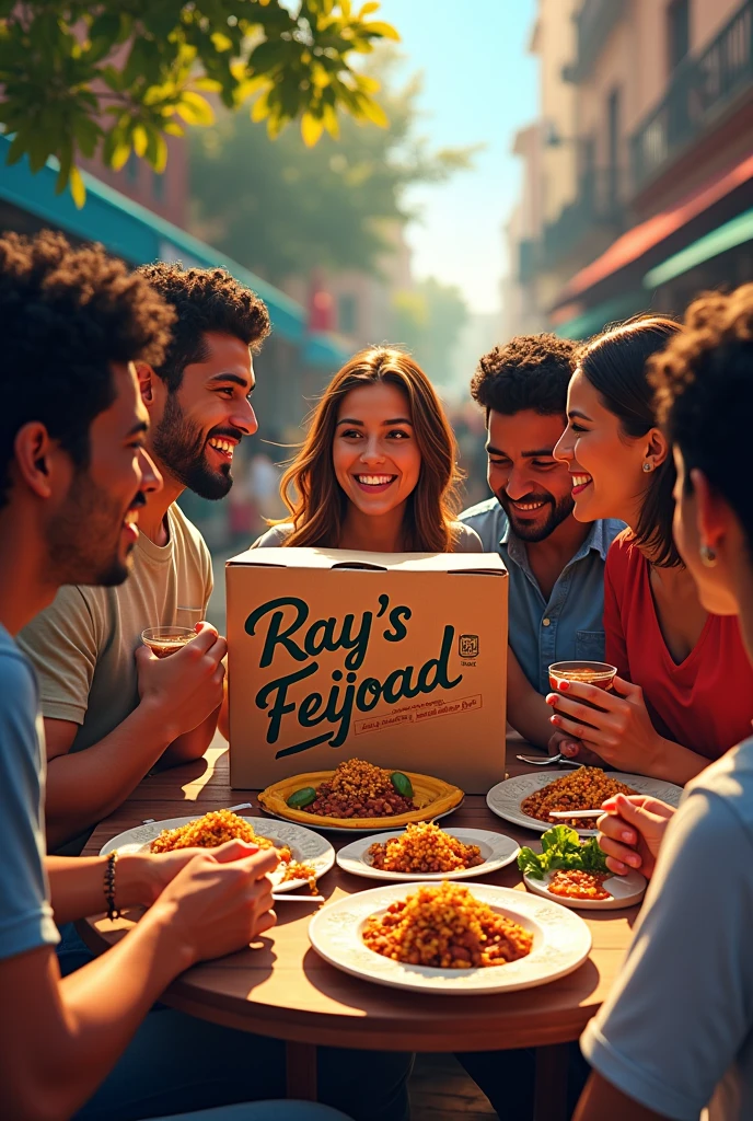 A group of people eating feijoada delivery and on the feijoada packaging it has to be written " Ray&#39;s feijoada "