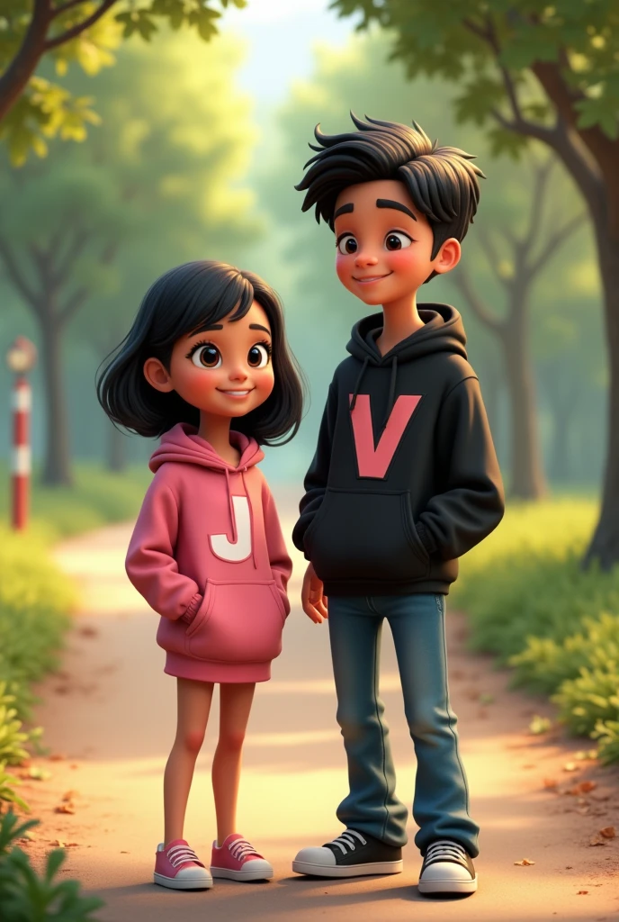 Short, black-haired, blonde girl, with a pink sweatshirt with the letter J next to a tall dark-haired boy,with a black sweatshirt with the letter V in a park in San Cristóbal de las Casas, Chiapas