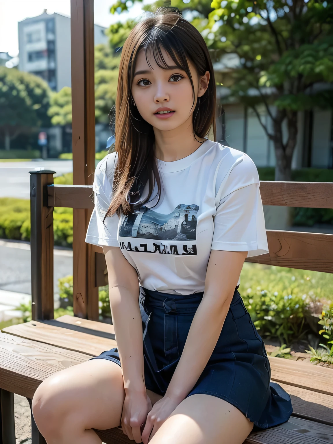 (high quality), (Realistic photos)、1male、1woman、((No audience:1.5))、((Outdoor:1.5))、((Park bench:1.3))、((Young Japanese couple arguing face to face:1.4))、((Angry Japanese woman and a Japanese male trying to talk to her:1.4)) 、((White short sleeveTWoman wearing a shirt:1.4))、((whiteTMan in a shirt:1.4))、((A woman glares at a man:1.7))、((A woman wearing a denim skirt that accentuates her thighs:1.4))、((White short sleeveTWoman wearing a shirt:1.4))、((Woman with a scary expression:1.4))、