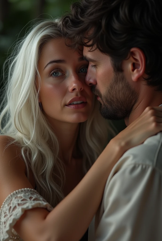 A woman with white hair and violet eyes and light brown skin being hugged by her husband while crying
