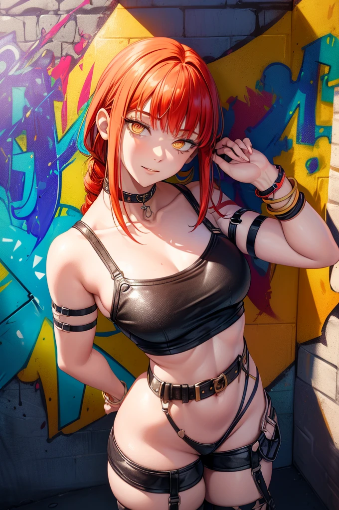 Masterpiece, Best Quality, 1girl, report, crop-top, jean shorts, Choker, (graffiti:1.aint splatter, (Hands Behind Your Back), Against a wall, looking a viewer, A bracelet, thigh strap, Paint on the body, tilt of head, bored, fiery hair color, Rainbow-colored eyes,