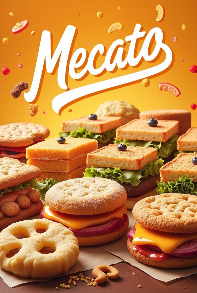 A poster to sell snacks ( sandwich, cookies, Snatch) With name Mecato