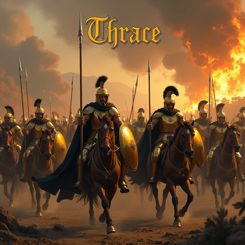 ( photographie ; ultra-réaliste ; ultra-détailé ) Armée de thrace dans la grèce antique portant des armures dorées reflétant la lumière, des tissus noirs, munie de leurs lances d'argents et leurs bouclier dorés, ils chargent vers les ennemies à pied ou à cheval, sur un champ de bataille apocalyptique dévasté. En arrière plan on aperçoit la ville de Troies en feu. Il est écrit "Thrace" dans le ciel en lettre gothique