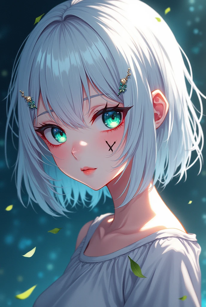 anime style, young adult woman, with the right eye blue and the left eye green, short white hair, with scar