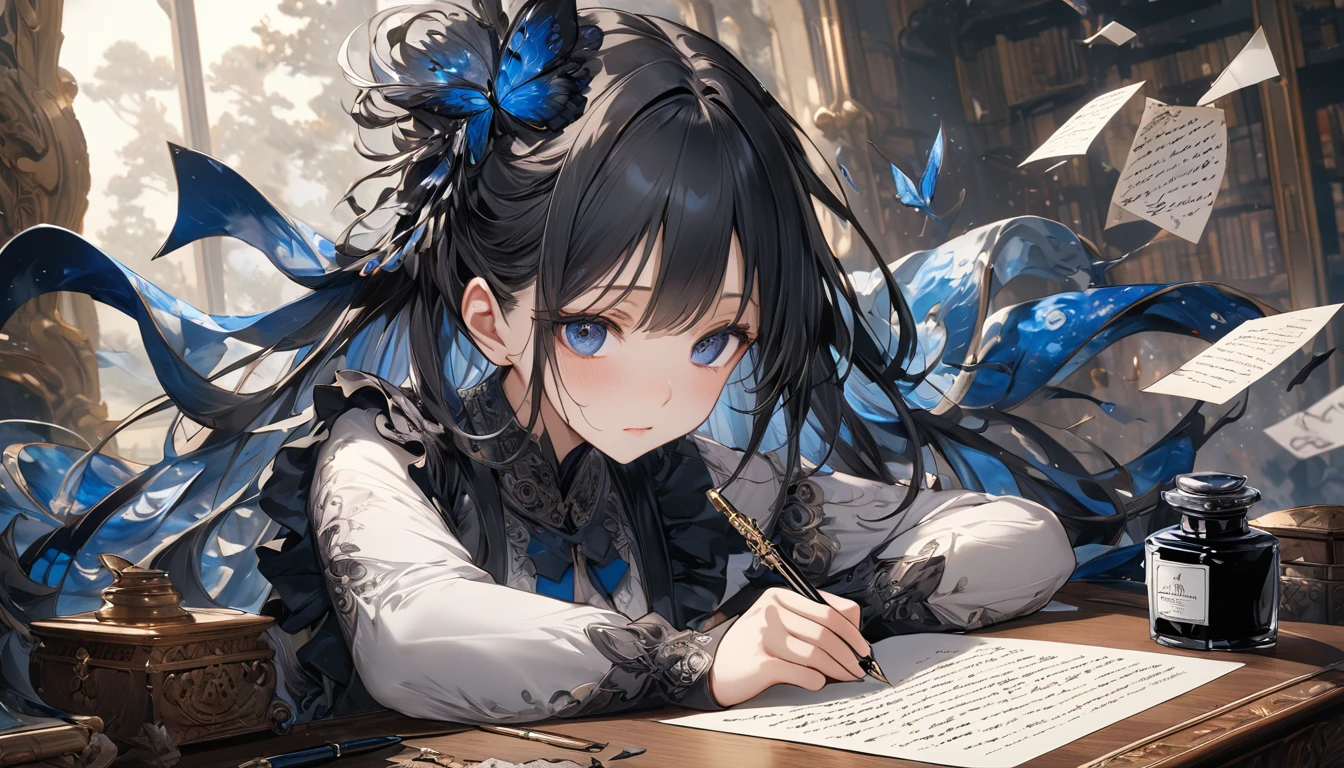 **317. One person。Pen ink personification。The embodiment of ink that spins letters。Cowboy shot or close-up。  
masterpiece, best quality, ultra detailed (Detailed fingers), (Emotional), (Breathtakingly beautiful),  
(main part: 1.2 Whole body。), (Anime Style), (Very detailed), (Pen ink personification),  
(超High resolution, High resolution), (8k), (High resolution: 1.2), (Complex and beautiful: 1.2)**
- background: On an antique desk、Landscape with an inkwell and an old pen。
- Personification: Young woman, around 18 years old、Wearing a shiny dress reminiscent of smooth black ink。
-pose: Holding a pen、The moment when the character begins to write。
-expression: Gives a sense of quiet concentration、Expressions of immersion in creation。
- Effects: Spreads like ink seeping through paper、Floating letter effect。
-color: Black and deep blue、A color that symbolizes the depth of ink and the strength of letters.。
