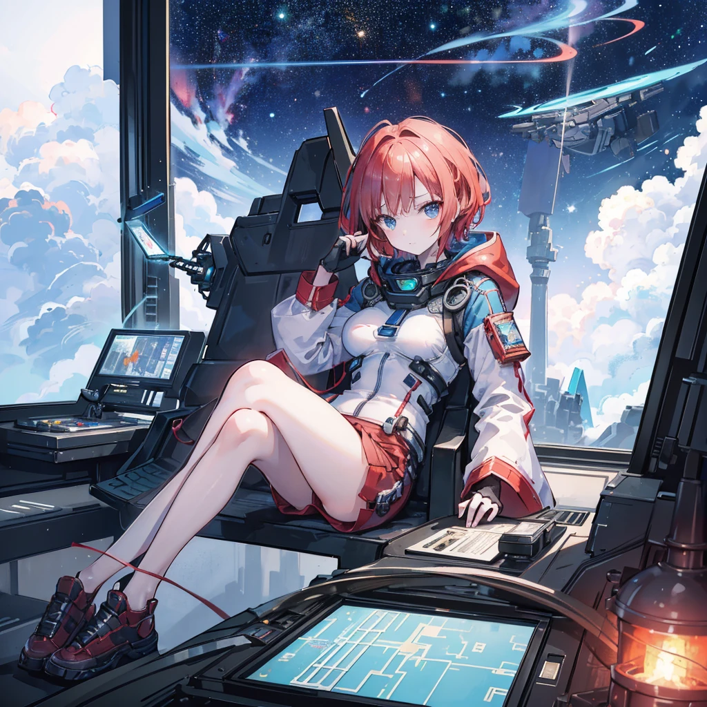 Ridiculous resolution, high resolution, (masterpiece: 1.4), Ultra Detail, 1 young woman, Red short hair, Pilot suit, Rich princess, Sitting in the extremely narrow and closed mecha control room，Looking out the window, The window is the space universe and you can see the blue planet (1.5), Very excited expression, Mecha control room in the universe