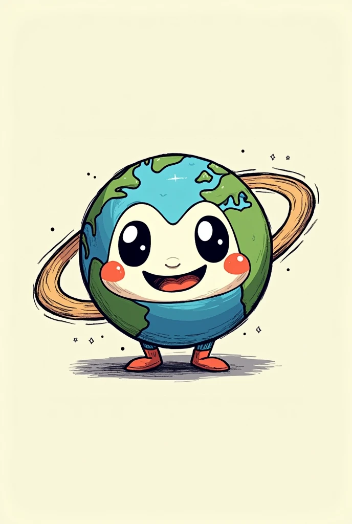 Logo ,Planet Earth with a face ,cuphead style , with a pencil making a trace around
