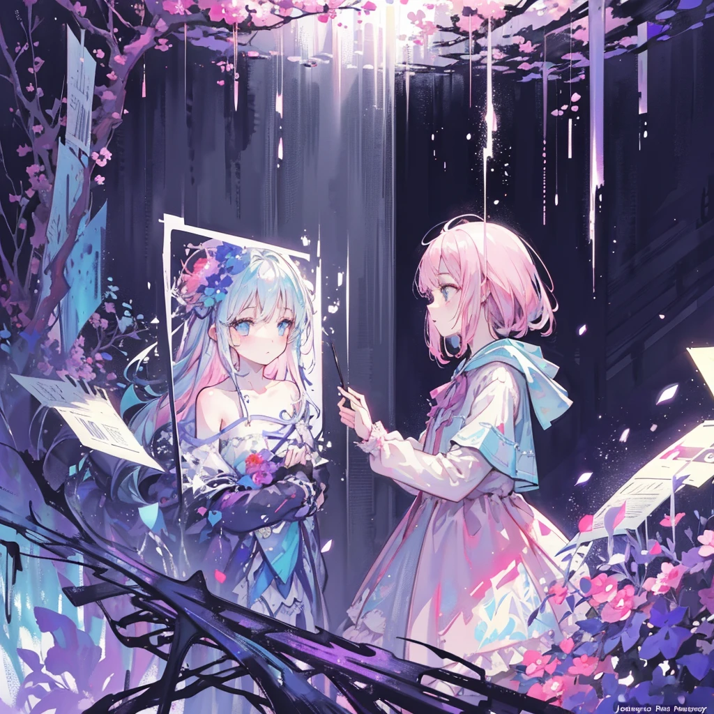 1 Girl,flower, Platycodon ,Light pink and light blue style, Dreamy and romantic composition, light pink, ethereal foliage, Interesting arrangement,fantasy, High contrast, 墨迹Brushstrokes, explode, Overexposure, Purple and red tones impression , Abstract, ((John Burkey (John Berkey) and Jeremy Mann (Jeremy Mann) Watercolor )) Brushstrokes, Negative Space,