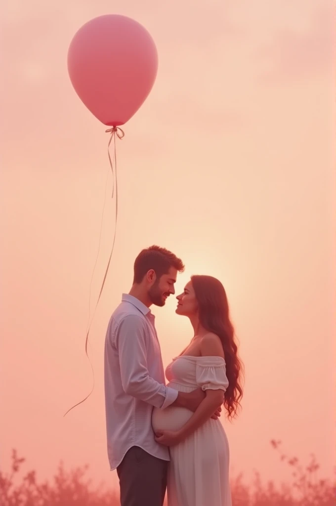 Pregnant woman and her husband holding a floating balloon, the background is pink